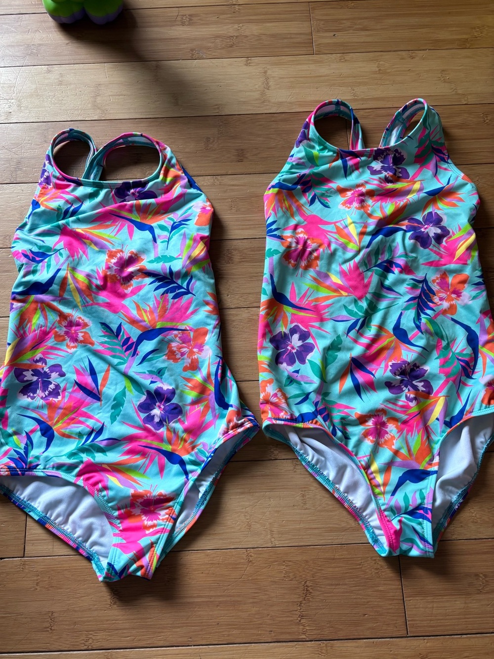 Lands’ End Tropical Floral One-Piece Swimsuit - Aqua with Neon Floral Print.